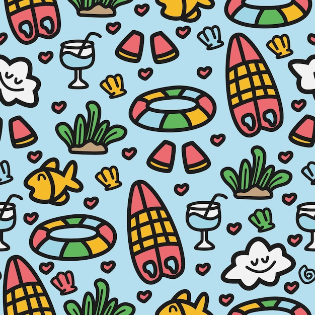 beach doodle cartoon seamless pattern