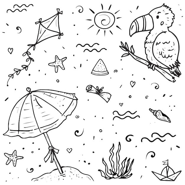 Beach doodle coloring elements