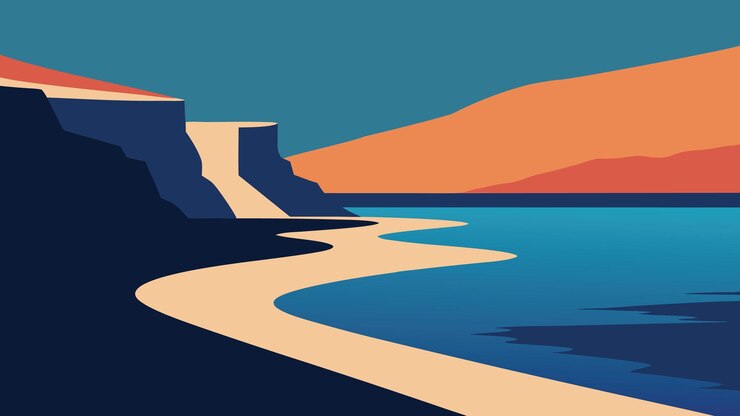Vector beach featuring a stream flowing through it bordered by a majestic cliff in the background flat vector illustration nature background