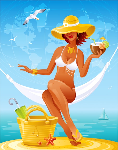 Beach girl . Summer sexy woman in straw hat sitting in hammock with cocktail. Cartoon sun tan girl in bikini swimsuit