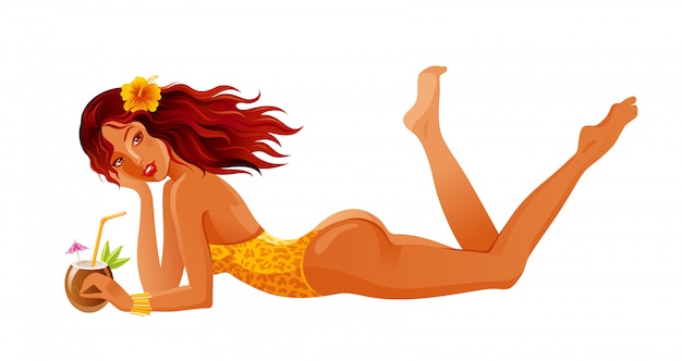 Premium Vector | Beach girl vector. summer sexy woman with cocktail  illustration. cartoon sun tan girl in bikini swimsuit with cute face and  tropical drink. vacation people art.