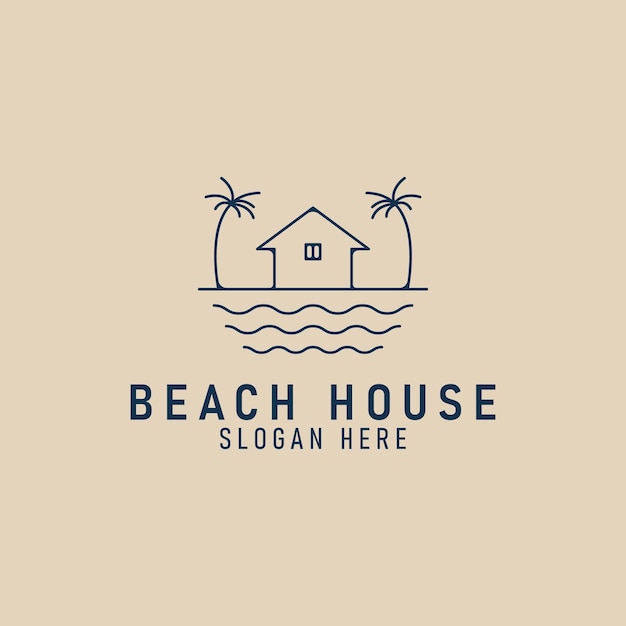 beach house line logo minimalist tree beach vacation logo vector illustration design