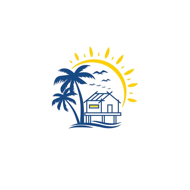 Beach house with a palm tree and sun and seagulls