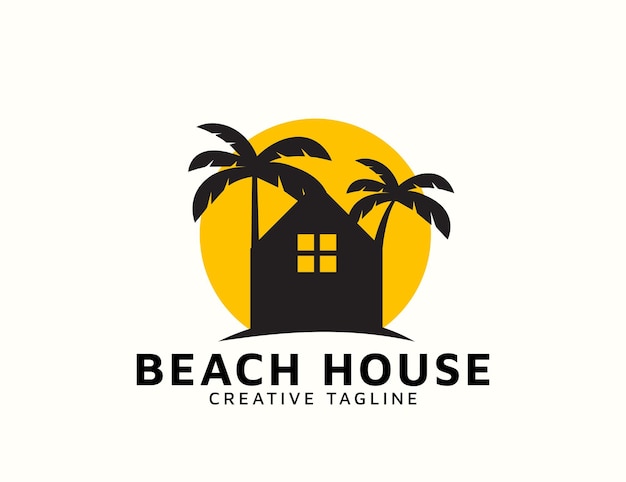 Beach house with sun and coconut tree logo design