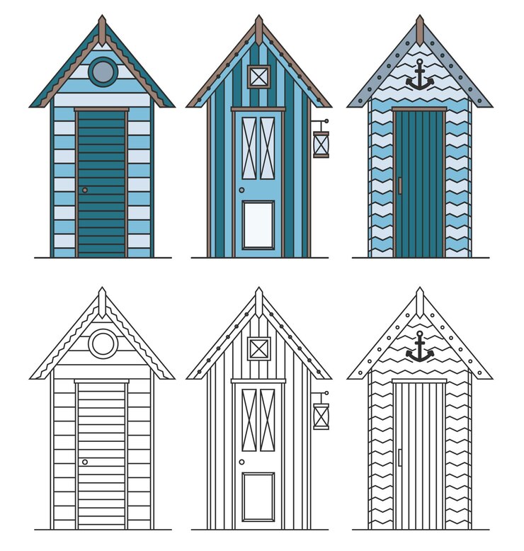 Vector beach houses. huts and bungalow collection. marine buildings on sea beach.