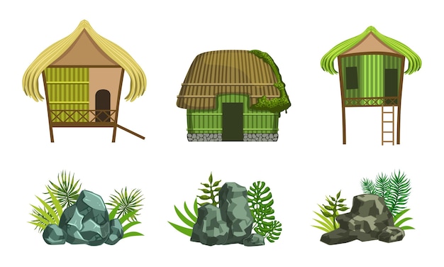 Vector beach houses and rock stones set straw huts bungalow tropical landscape design elements vector illustration