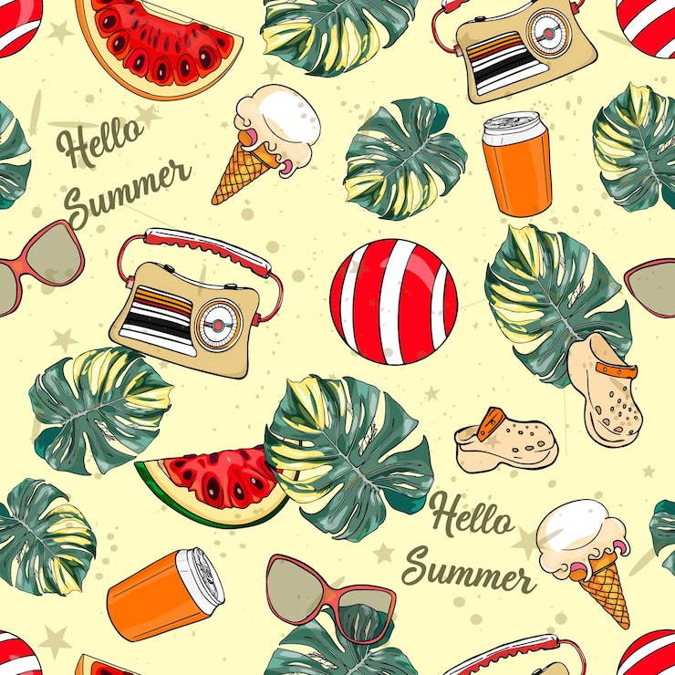 Vector beach ice cream radio pale leaves watermelon pattern summer retro vacation pattern for printing on prints tshirts logos sportswear