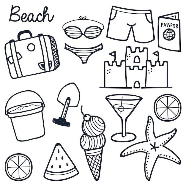 Vettore set di icone doodle di spiaggia