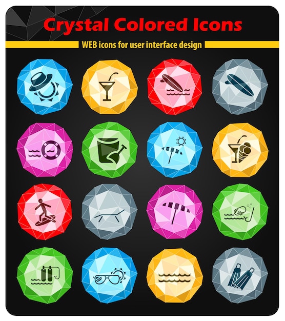 Beach icons on bright colored buttons crystals