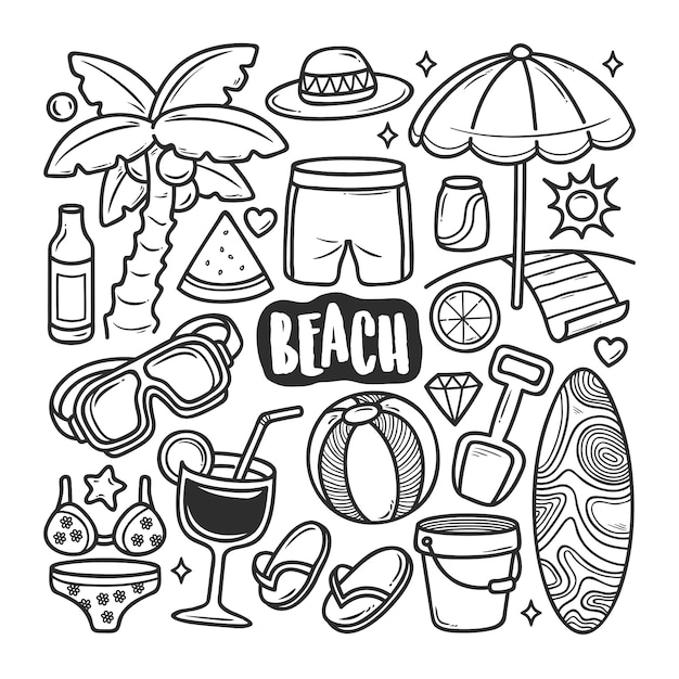 Beach Icons Hand Drawn Doodle Coloring