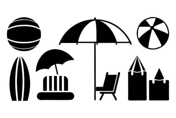 Vector beach icons umbrellas sunbeds surfboards beach balls sandcastles vector illustration
