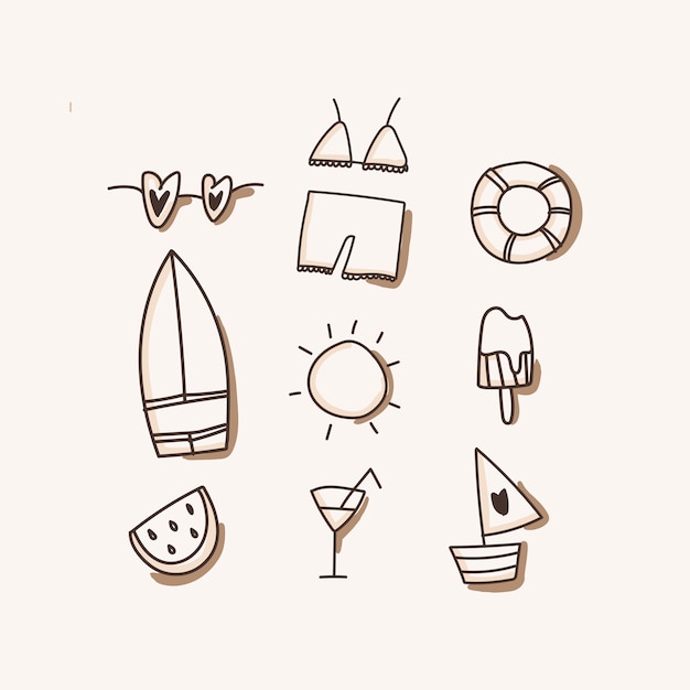 Vector beach icons, vacation, travel isolated