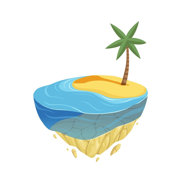 向量海滩岛屿。等距夏天位置,游戏设计。海洋和海岸、水砂和棕榈树向量元素。插图海岸海洋,棕榈岛屿