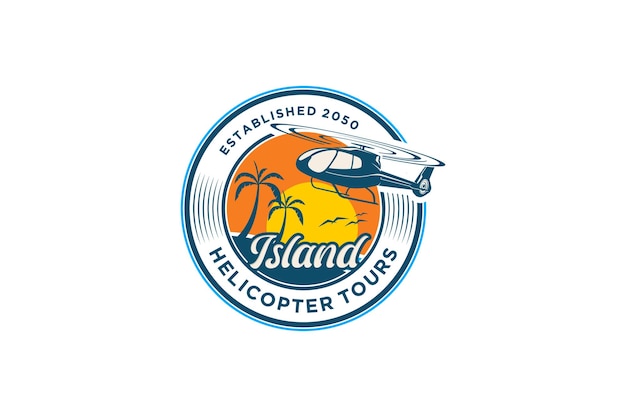 Beach island logo design elicottero viaggio emblema distintivo icona palma tramonto scena