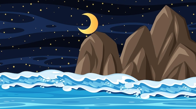 Вектор Пляжный пейзаж ночью с океанской волной