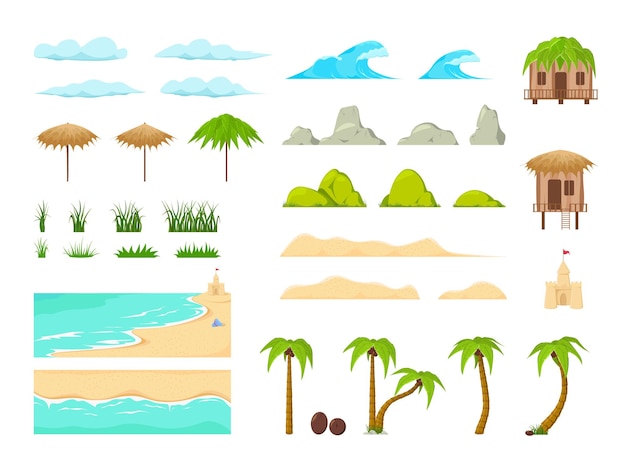 Beach landscape constructor. Beach landscape elements. Nature beach, clouds, hills, mountains trees and palms