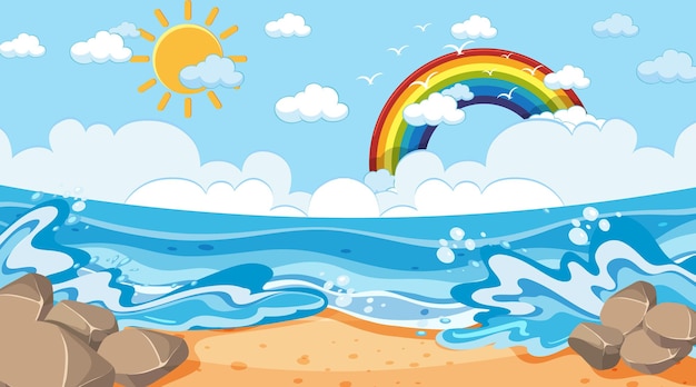 Beach landscape at day time scene with rainbow in the sky