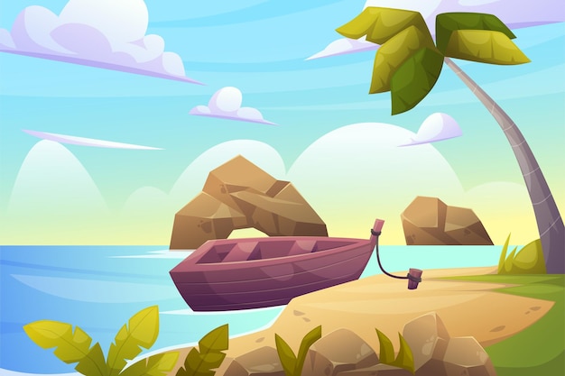 船と海の島と夏の日の背景イラストのビーチの風景