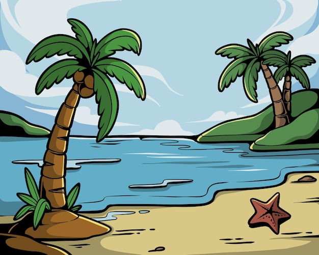 Vettore illustrazione del paesaggio della spiaggia con l'albero di cocco