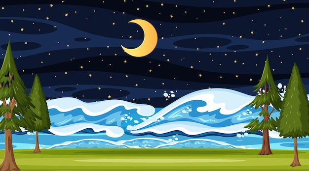 Beach landscape at night scene with ocean wave