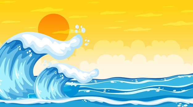 Vector beach landscape at sunset scene with ocean wave