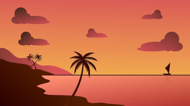 Beach landscape vector at sunset