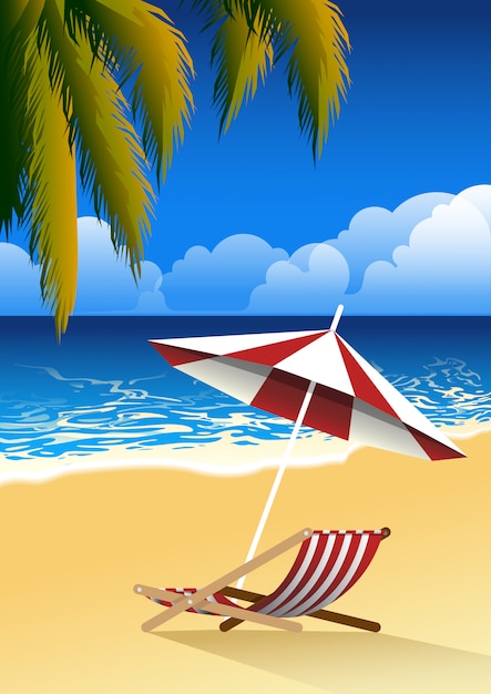пляж пейзаж с фоном стул и пальмовых листьев. летняя концепция
