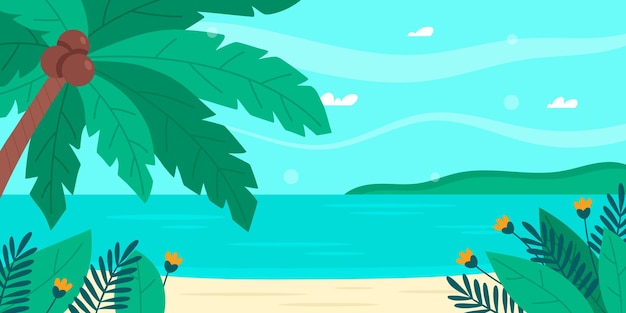 Vector beach landscape with plants leaves palm