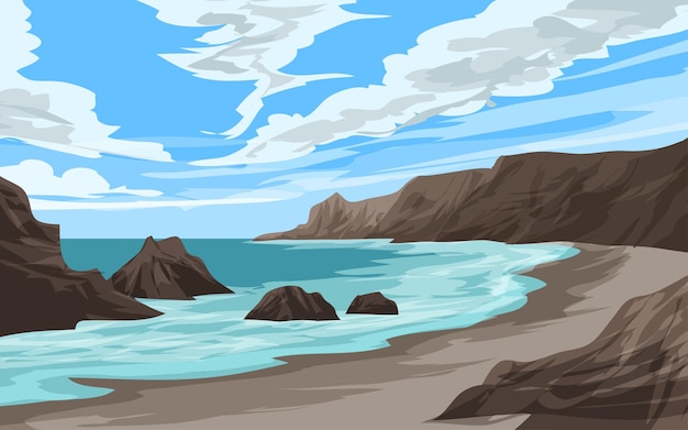 Vector beach landscape with rocks and cliff on sunny day