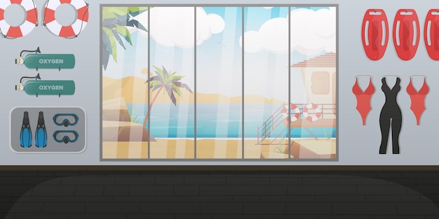 Beach lifeguard room. swimming board, lifebuoy, fins and mask, oxygen tank. cartoon style.