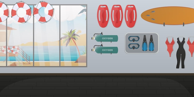 Beach lifeguard room. Swimming board, lifebuoy, fins and mask, oxygen tank.  