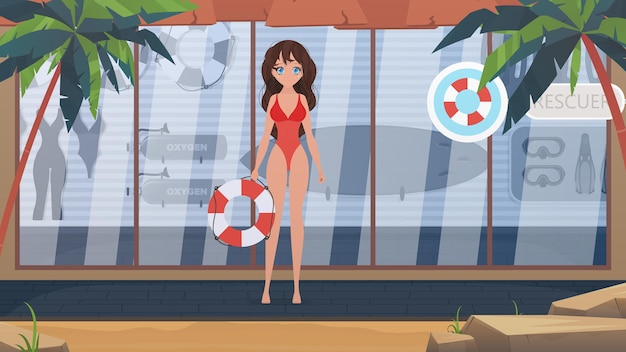 Vector beach lifeguard woman. beach lifeguard room. cartoon style.