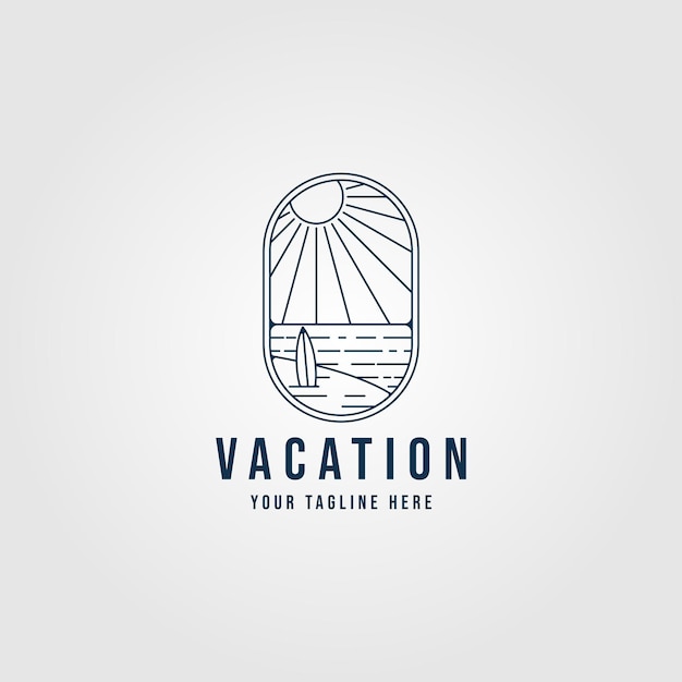 Beach line art logo vacation background sunlight minimalist with emblem vector illustration design