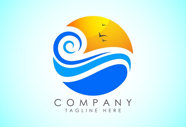 Design del logo della spiaggia alba al tramonto del sole con l'icona del logo dell'acqua di mare dell'oceano della spiaggia