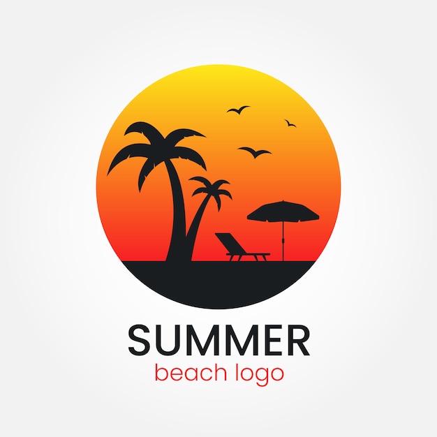 ビーチのロゴデザイン。夕日とヤシの木。丸いロゴタイプ。旅行代理店のロゴ。ビーチパラソルとサンラウンジャー。