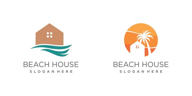 ベクトル ハウスのアイコンとクリエイティブな要素コンセプトを持つビーチロゴデザインのベクトル