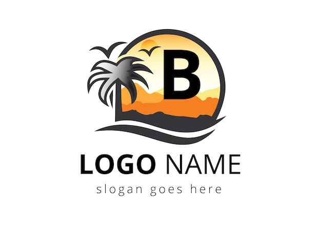 Beach Logo On Letter B Vector Sign Sunset Summer Travel Logo Beach Sea Sunset Logo Design Vector