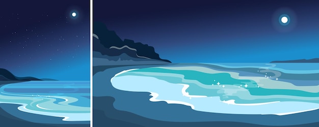 Vector beach in moonlight. beautiful seascape in vertical and horizontal orientation.