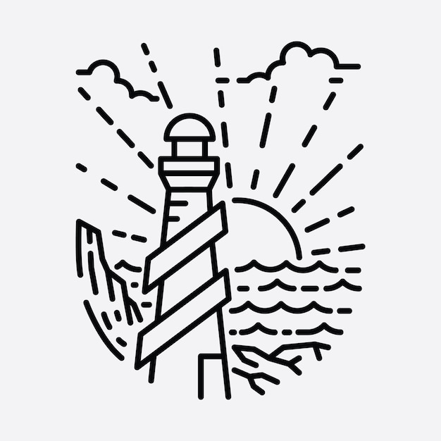 Vector beach nature lighthouse adventure wild line badge patch pin graphic illustration art t-shirt design