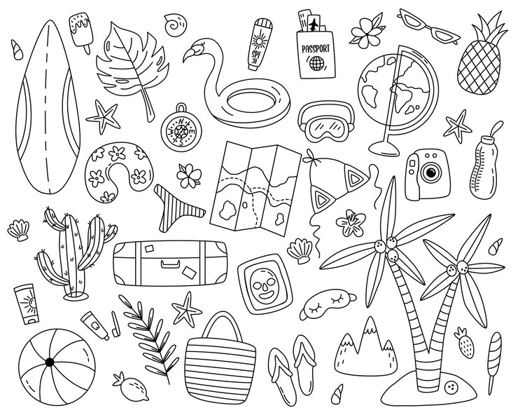 Beach outline spullen voor zomerreizen set Vakantie lijn accessoires voor zeevakantie Vrouwelijke artikelen Toeristen voorwerpen bundel koffers tassen bikini kaart