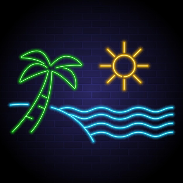 Beach palm and sea icon with neon light glowing elements