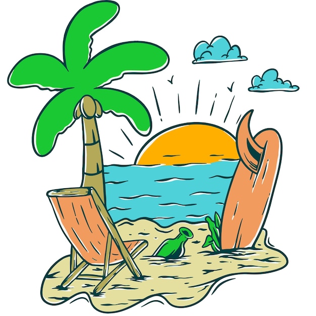 Beach palm wave vintage illustration artwork
