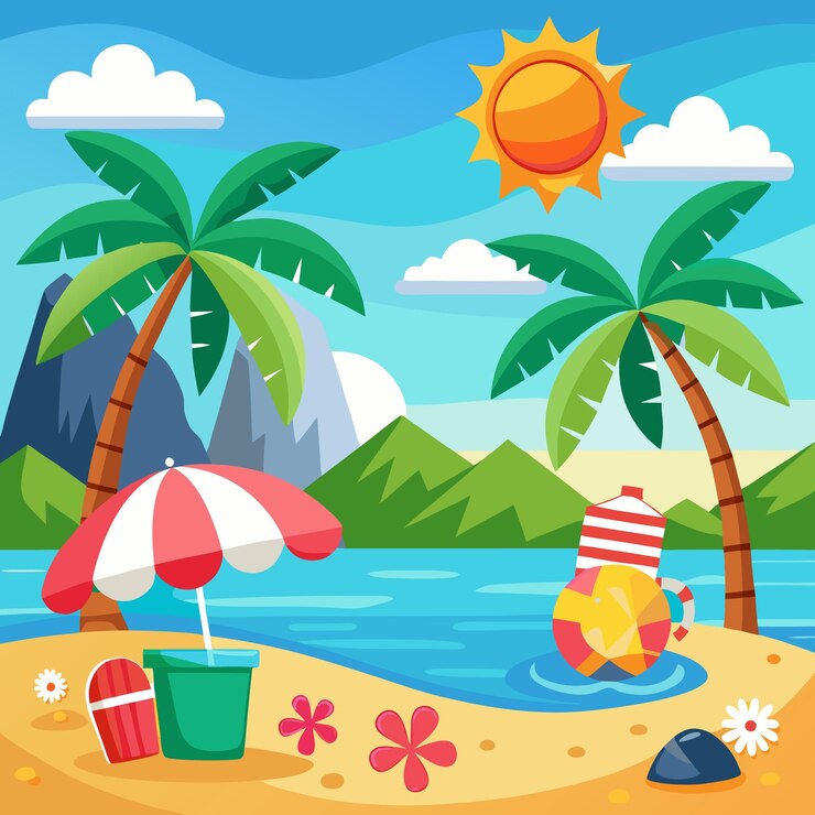 Vector beach paradise palm trees sunshine and summer fun