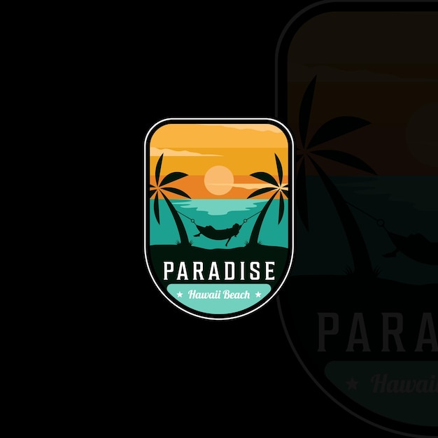 ハンモックのエンブレムのロゴが付いているビーチまたは楽園現代のビンテージベクトルイラストテンプレートアイコングラフィック