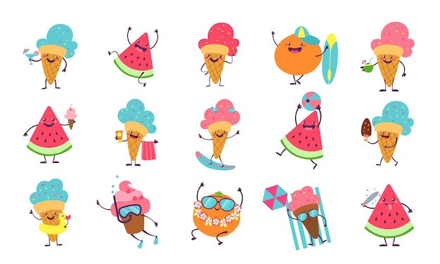 Beach party characters with funny faces swimming playing sunbathing