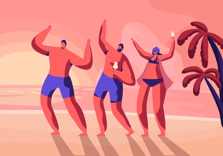 Vector beach party on exotic tropical resort. cartoon flat  illustration