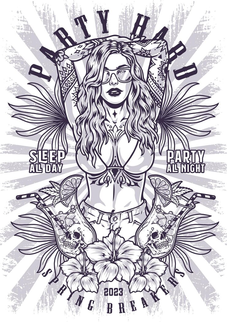 Vector beach party girls poster monochrome