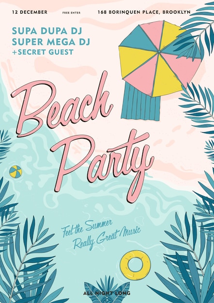 Beach party tropical poster colorful. Summer event, festival vector Illustration placard.