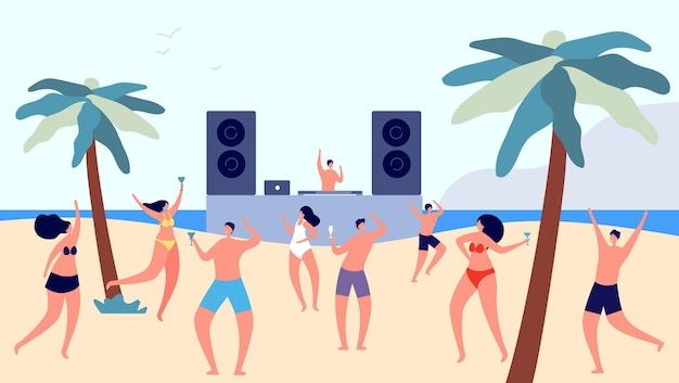 Beach party. Young girls boys listening music and drinking