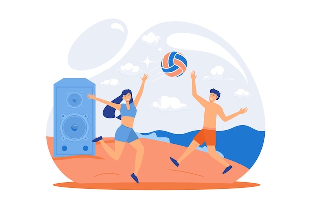 Beach party. young people playing volleyball on sandy coast and listening to music. sport, tropical,